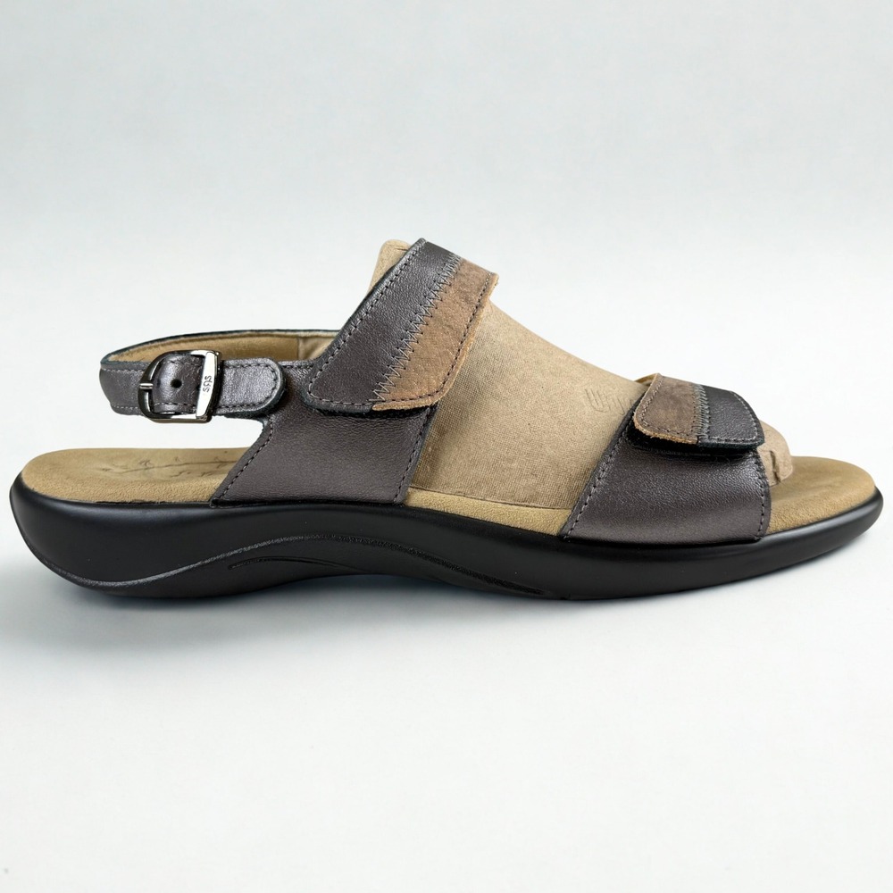 SAS Nudu Sandals Women 9.5 M Pewter Leather Adjustable Comfort Slingback USA